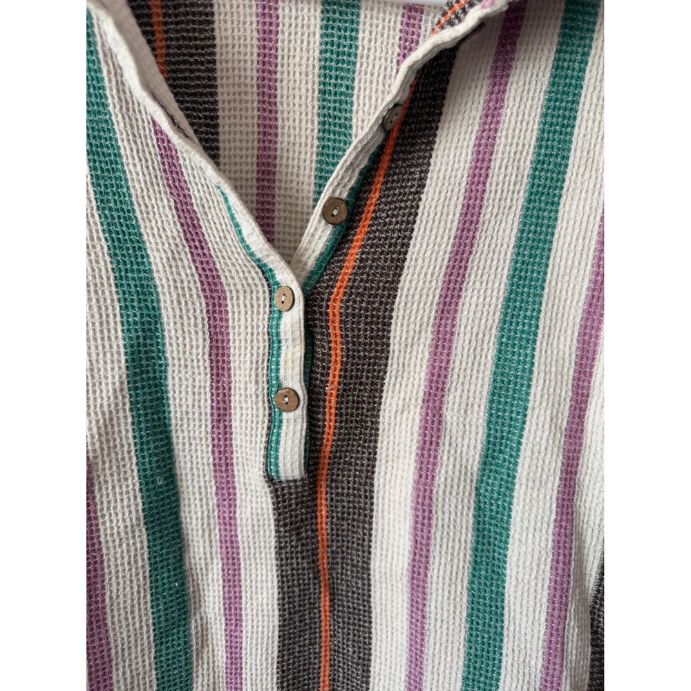 Free People Striped Waffle Knit Henley Polo Shirt Multi Color Short Sleeve Large - Picture 2 of 6